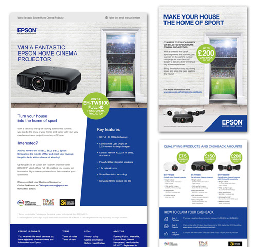 web page and printed literature for one-off promotions for home cinema projectors